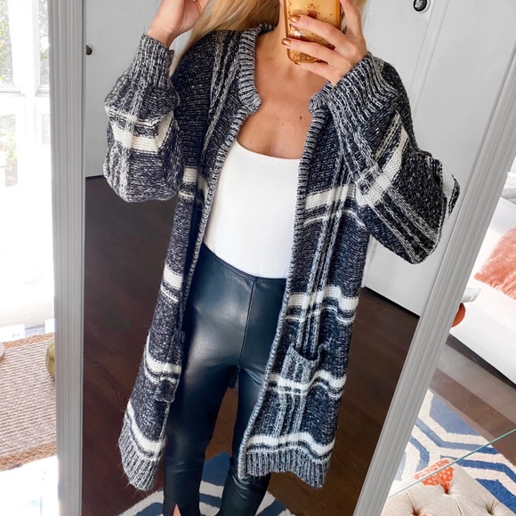 🖤 JANINA BLACK GREY WHITE LONG KNIT CARDIGAN SWEATER! - Picture 7 of 15